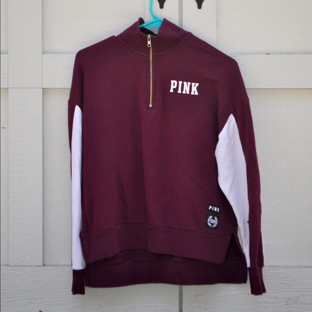 PINK Victoria's Secret Maroon Half-Zip Pullover with White Sleeve Panels